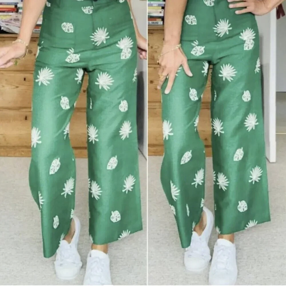 Zara Linen Khaki Wide Leg Palm Leaf Embroidered Culottes Pants Green Size Small